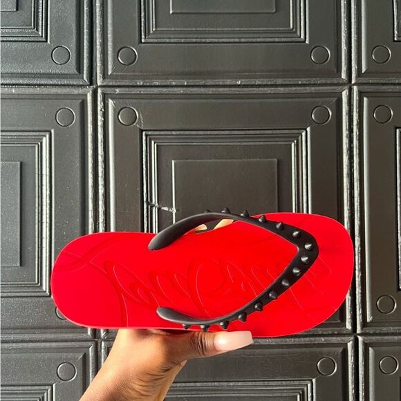 Christian Louboutin Red and Black Spiked Sandals - Picture 1 of 7